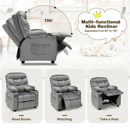 Kids PU Leather/Velvet Fabric Kids Recliner Chair with Cup Holders-Light Gray - Color: Light Gray - Minihomy