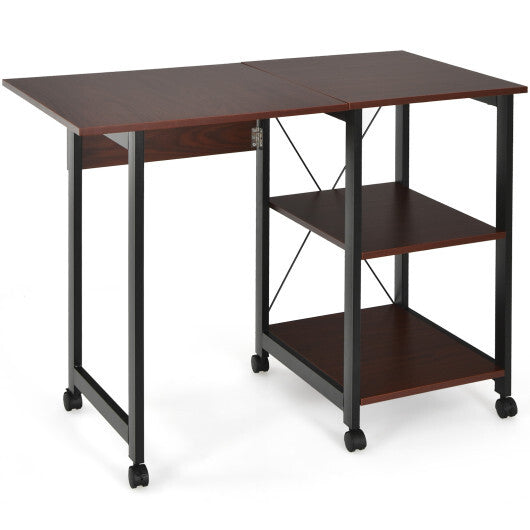 Rolling Folding Computer Desk with Storage Shelves - Color: Brown