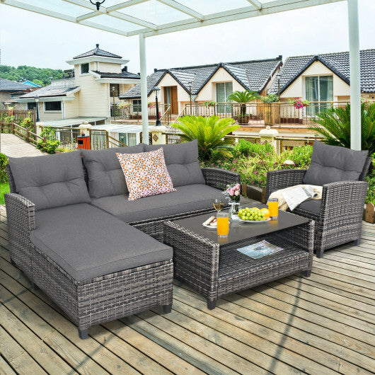 4 Pieces Patio Rattan Furniture Set with Cushion and Table Shelf-Gray - Color: Gray - Minihomy