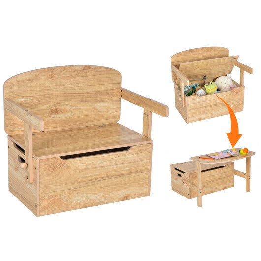 3-in-1 Kids Convertible Storage Bench Wood Activity Table and Chair Set-Natural - Color: Natural - Minihomy