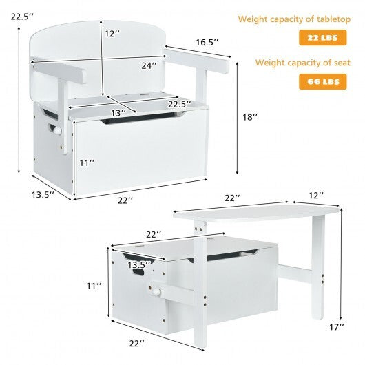 3-in-1 Kids Convertible Storage Bench Wood Activity Table and Chair Set-White - Color: White - Minihomy