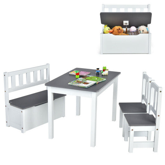 4 Pieces Kids Wooden Activity Table and Chairs Set with Storage Bench and Study Desk-Gray - Color: Gray - Minihomy