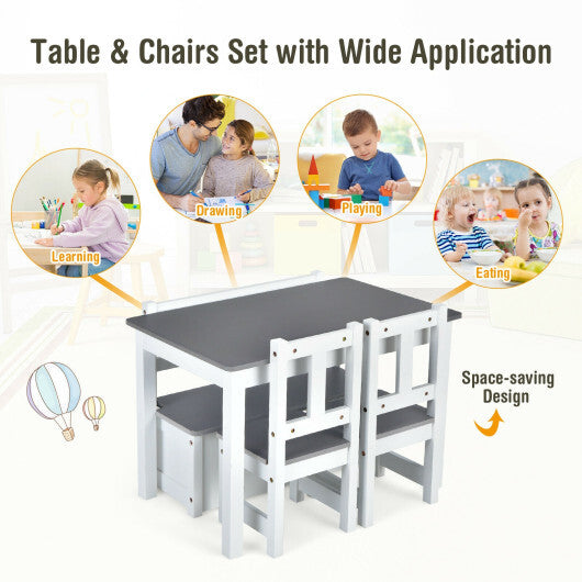 4 Pieces Kids Wooden Activity Table and Chairs Set with Storage Bench and Study Desk-Gray - Color: Gray - Minihomy