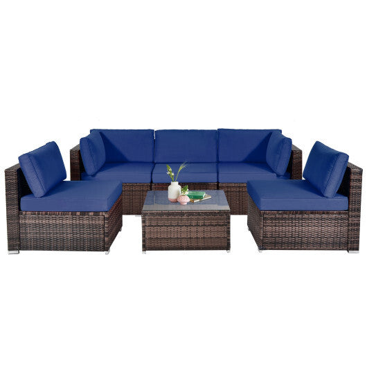 6 Pieces Patio Rattan Furniture Set with Cushions and Glass Coffee Table-Navy - Color: Navy - Minihomy