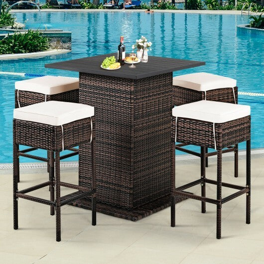 5 Pieces Patio Rattan Bar Table Stool Set Hidden Storage Shelf Cushioned-White - Minihomy