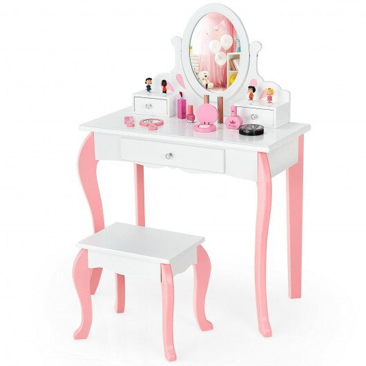 Kids Vanity Princess Makeup Dressing Table Stool Set with Mirror and Drawer-White - Color: White - Minihomy