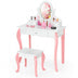 Kids Vanity Princess Makeup Dressing Table Stool Set with Mirror and Drawer-White - Color: White - Minihomy