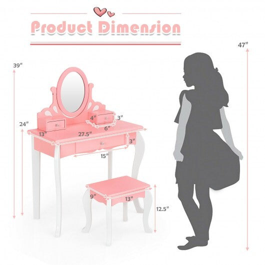 Kids Vanity Princess Makeup Dressing Table Stool Set with Mirror and Drawer-Pink - Minihomy