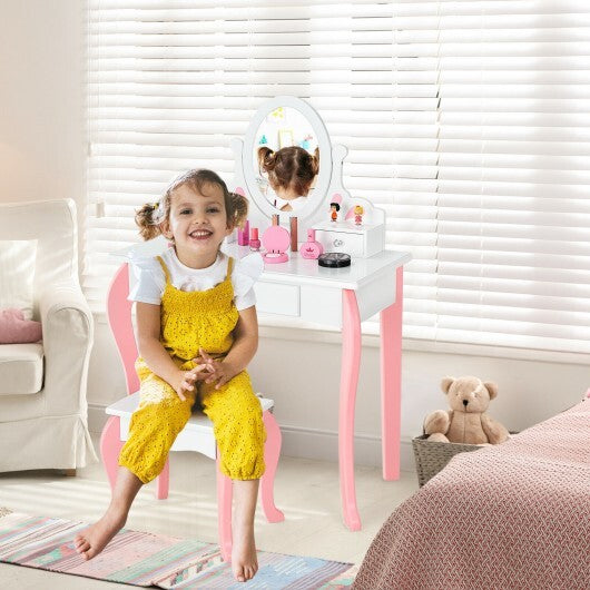 Kids Vanity Princess Makeup Dressing Table Stool Set with Mirror and Drawer-Pink - Minihomy