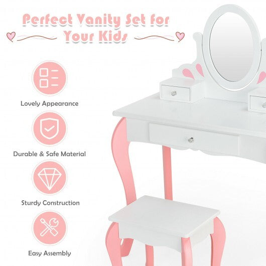 Kids Vanity Princess Makeup Dressing Table Stool Set with Mirror and Drawer-Pink - Minihomy