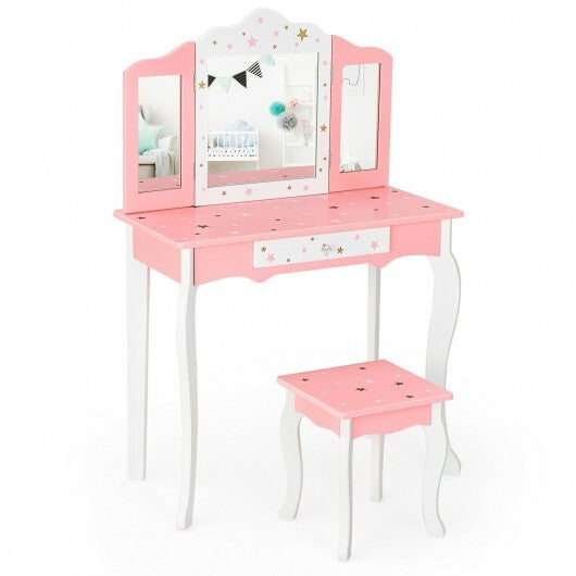 Kids Princess Vanity Table and Stool Set with Tri-folding Mirror and Drawer-Pink - Minihomy