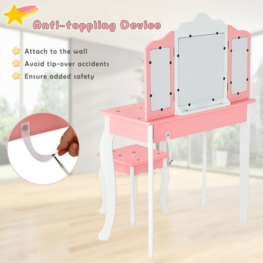 Kids Princess Vanity Table and Stool Set with Tri-folding Mirror and Drawer-Pink - Color: Pink - Minihomy