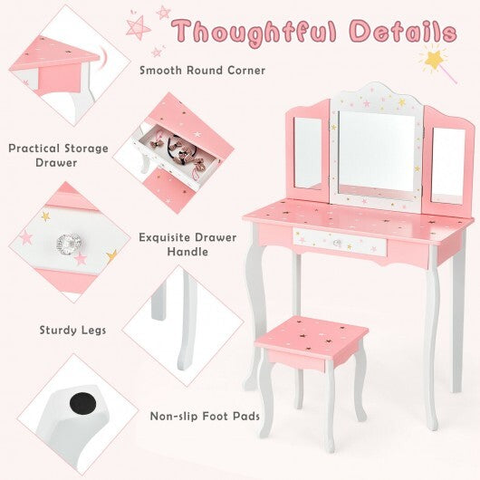 Kids Princess Vanity Table and Stool Set with Tri-folding Mirror and Drawer-Pink - Color: Pink - Minihomy