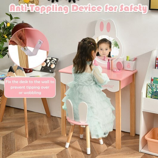 Kids Vanity Set Rabbit Makeup Dressing Table Chair Set with Mirror and Drawer-Pink - Color: Pink - Minihomy