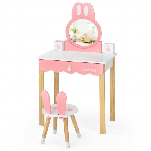 Kids Vanity Set Rabbit Makeup Dressing Table Chair Set with Mirror and Drawer-White - Color: White - Minihomy