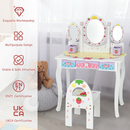 Kids Vanity Princess Makeup Dressing Table Chair Set with Tri-fold Mirror-White - Color: White - Minihomy