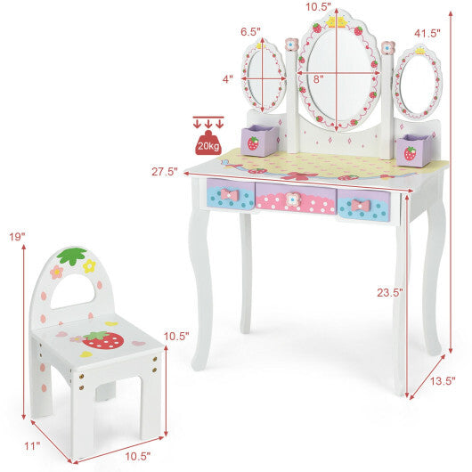 Kids Vanity Princess Makeup Dressing Table Chair Set with Tri-fold Mirror-White - Color: White - Minihomy