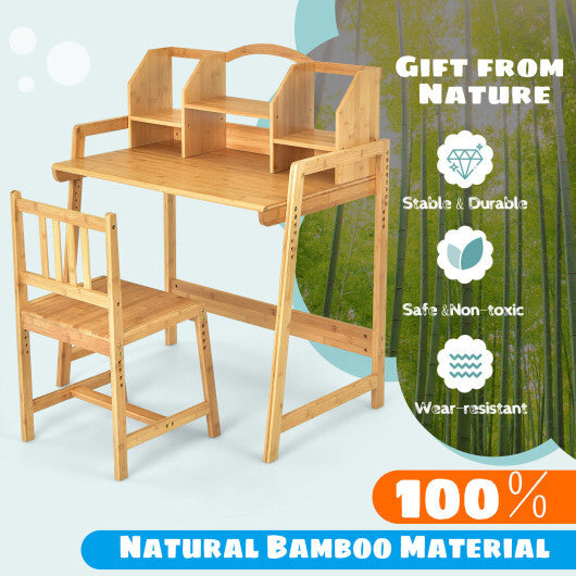 Bamboo Kids Study Desk and Chair Set with Bookshelf - Color: Natural - Minihomy