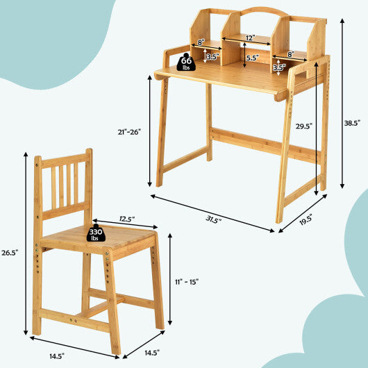 Bamboo Kids Study Desk and Chair Set with Bookshelf - Color: Natural - Minihomy