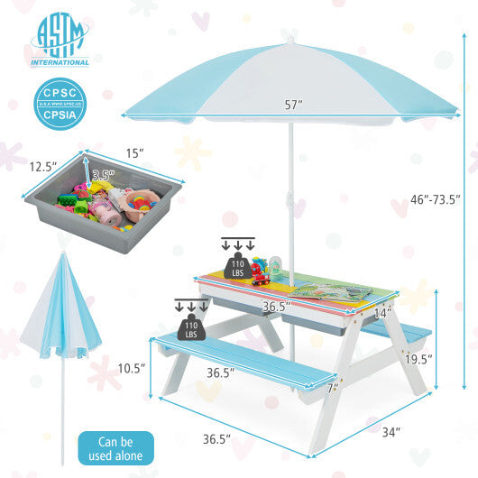 3-in-1 Kids Outdoor Picnic Water Sand Table with Umbrella Play Boxes-Blue - Color: Blue - Minihomy