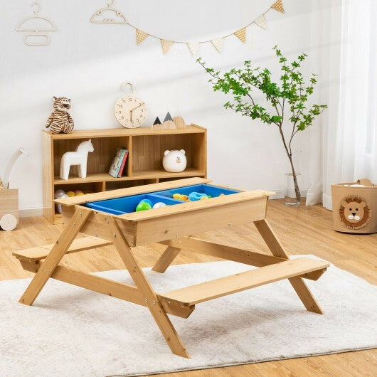 3-in-1 Kids Picnic Table Wooden Outdoor Water Sand Table with Play Boxes - Color: Natural - Minihomy