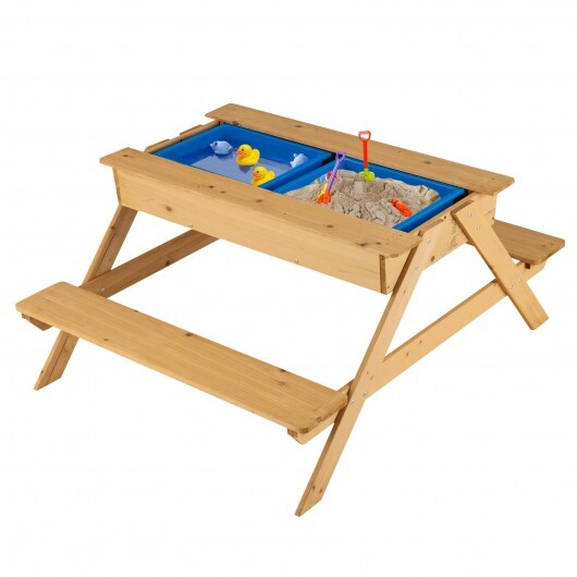 3-in-1 Kids Picnic Table Wooden Outdoor Water Sand Table with Play Boxes - Color: Natural - Minihomy