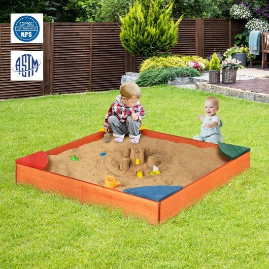 Kids Outdoor Wooden Backyard Sandbox with Built-in Corner Seating - Minihomy