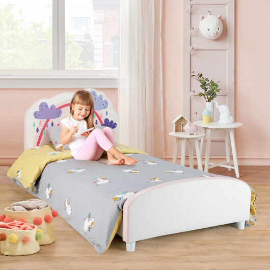 Kids Twin Size Upholstered Platform Wooden Bed with Rainbow Pattern - Minihomy