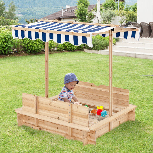 Kids Wooden Sandbox with Canopy and Bench Seats - Color: Blue - Minihomy