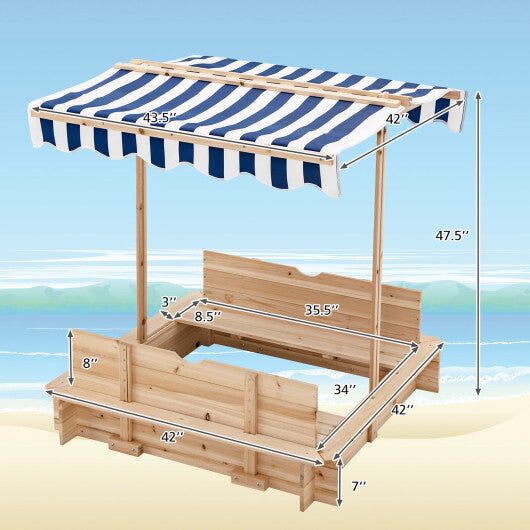 Kids Wooden Sandbox with Canopy and Bench Seats - Color: Blue - Minihomy