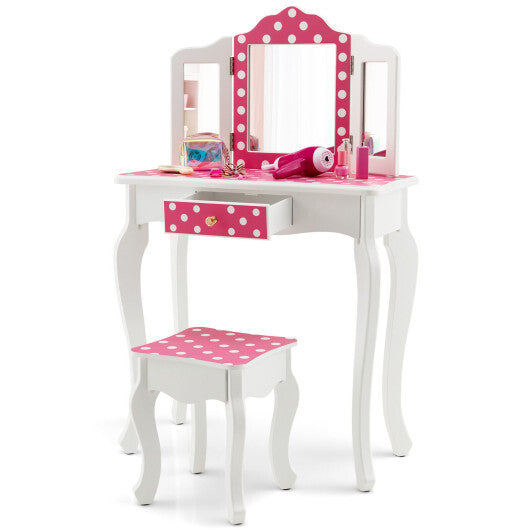 Kids Vanity Table and Stool Set with Cute Polka Dot Print-Pink - Color: Pink - Minihomy