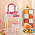 Kids Vanity Table and Stool Set with Cute Polka Dot Print-Pink - Color: Pink - Minihomy