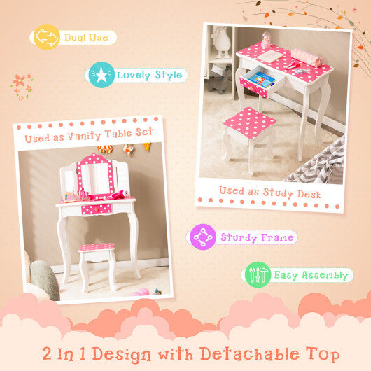 Kids Vanity Table and Stool Set with Cute Polka Dot Print-Pink - Color: Pink - Minihomy