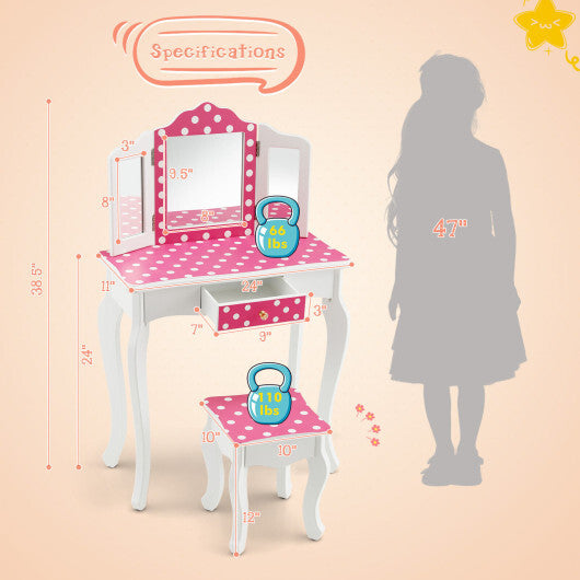 Kids Vanity Table and Stool Set with Cute Polka Dot Print-Pink - Color: Pink - Minihomy