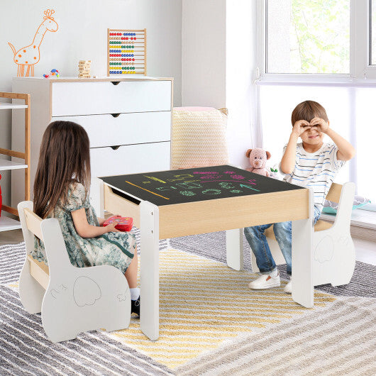 4-in-1 Wooden Activity Kids Table and Chairs with Storage and Detachable Blackboard-White - Color: White - Minihomy