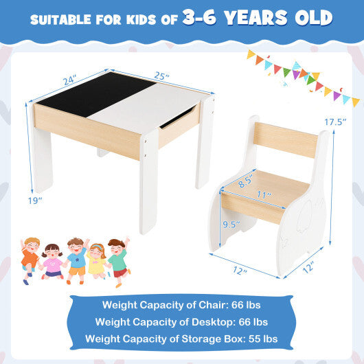 4-in-1 Wooden Activity Kids Table and Chairs with Storage and Detachable Blackboard-White - Color: White - Minihomy