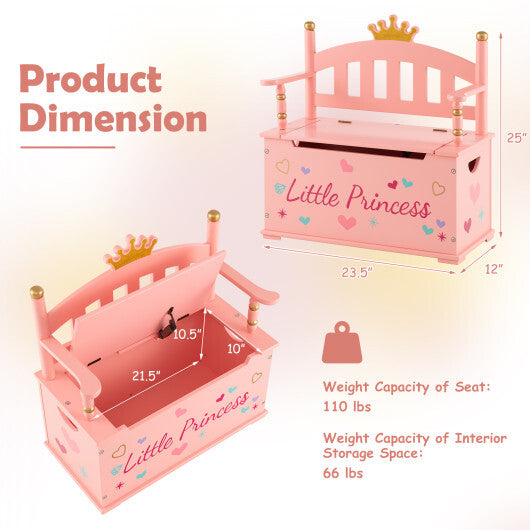 2-In-1 Kids Princess Wooden Toy Box with Safe Hinged Lid-Pink - Color: Pink - Minihomy