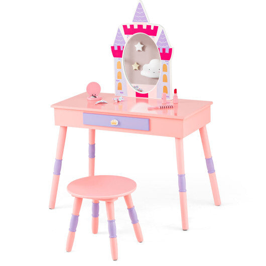 Kids Princess Vanity Table and Stool Set with Drawer and Mirror-Pink - Color: Pink - Minihomy