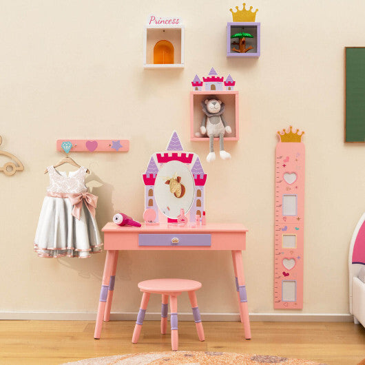 Kids Princess Vanity Table and Stool Set with Drawer and Mirror-Pink - Color: Pink - Minihomy