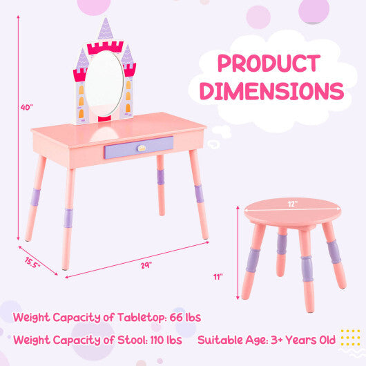 Kids Princess Vanity Table and Stool Set with Drawer and Mirror-Pink - Color: Pink - Minihomy