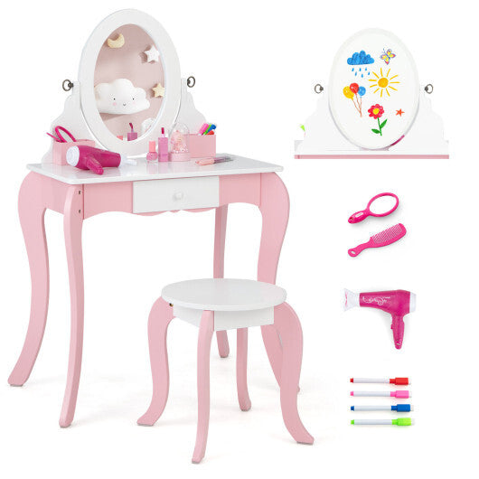 Pretend Kids Vanity Set with 360? Rotatable Mirror and Play Accessories - Color: Pink