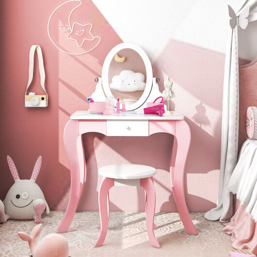 Pretend Kids Vanity Set with 360? Rotatable Mirror and Play Accessories - Color: Pink