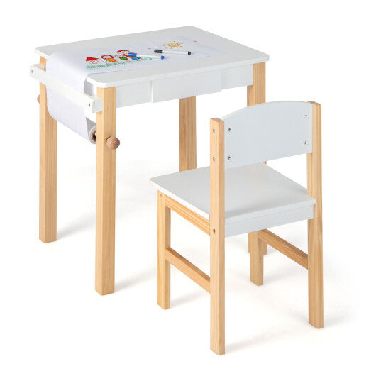 Kids Art Table and Chair Set with Drawer Paper Roll and 2 Markers-White - Color: White - Minihomy