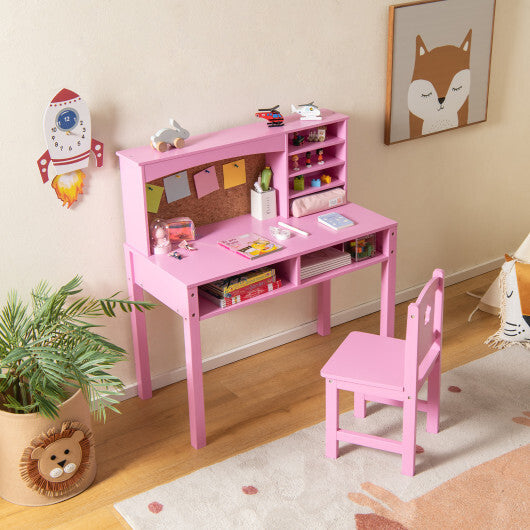 Kids Desk and Chair Set with Hutch and Bulletin Board for 3+ Kids-Pink - Color: Pink - Minihomy