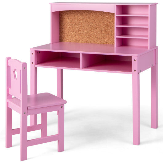 Kids Desk and Chair Set with Hutch and Bulletin Board for 3+ Kids-Pink - Color: Pink - Minihomy