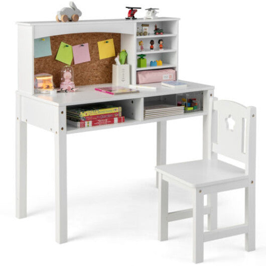 Kids Desk and Chair Set with Hutch and Bulletin Board for 3+ Kids-White - Color: White - Minihomy