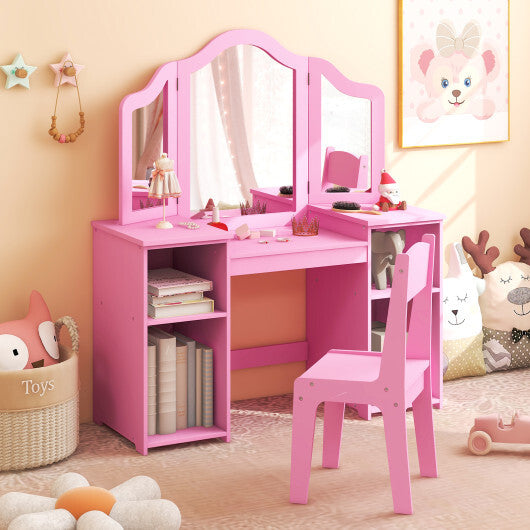 Kids Vanity Table and Chair Set with Removable Tri-Folding Mirror-Pink - Color: Pink - Minihomy