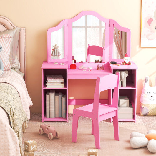 Kids Vanity Table and Chair Set with Removable Tri-Folding Mirror-Pink - Color: Pink - Minihomy