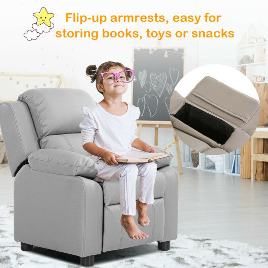 Kids Deluxe Headrest  Recliner Sofa Chair with Storage Arms-Gray - Color: Gray - Minihomy