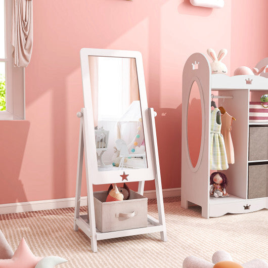 Kids Full Length Wooden Standing Mirror with Bottom Shelf and Foldable Storage Bin-White - Color: White - Minihomy